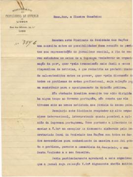 Carta de Jaime Brasil, Sindicato dos Profissionais da Imprensa de Lisboa, dirigida a Mário Domingues, chefe de Redacção de A Batalha